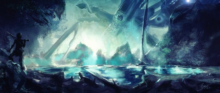 Alien cave with futuristic structures and a lone figure
