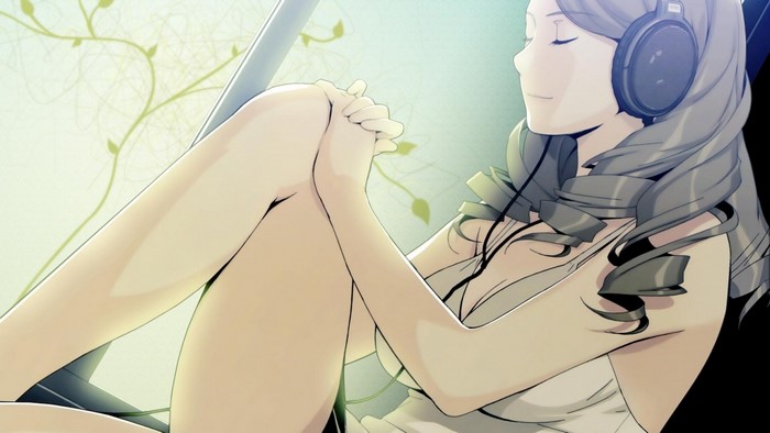 Anime girl with headphones listening to music