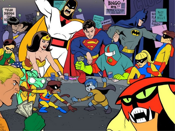 Superheroes and Cartoon Characters at a Bar
