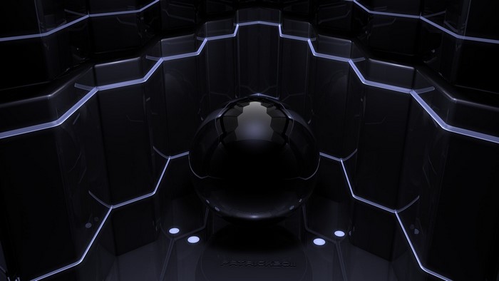 Futuristic black sphere in a symmetrical dark environment