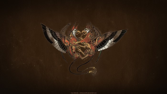 Two ornate griffins with wings spread