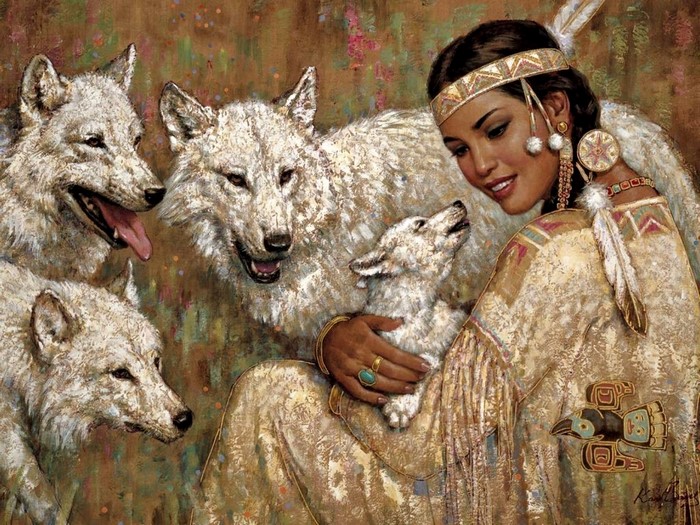 Native American woman with wolves