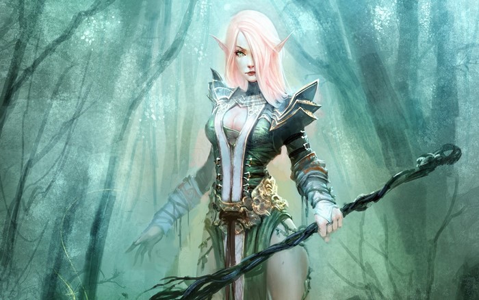 Fantasy elf warrior with pink hair holding a staff