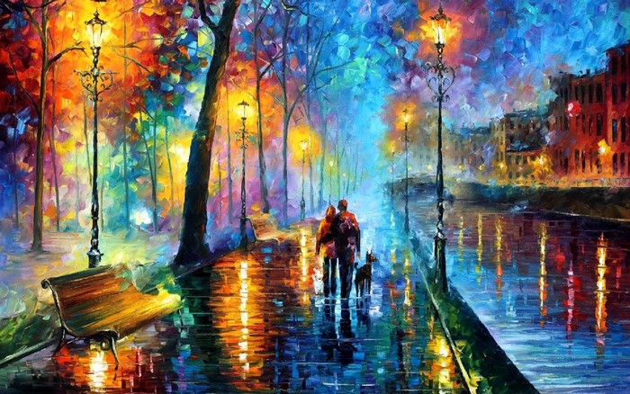 Couple walking dog on a rainy night street painting