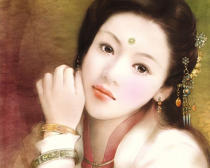 Painting of an Asian woman with elaborate jewelry
