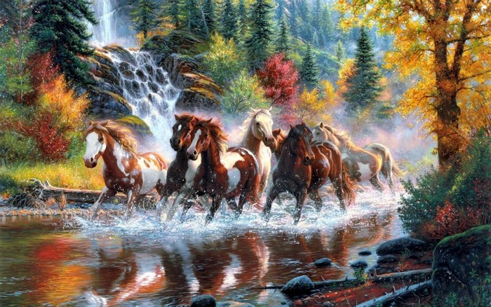Horses running through a stream near a waterfall in autumn