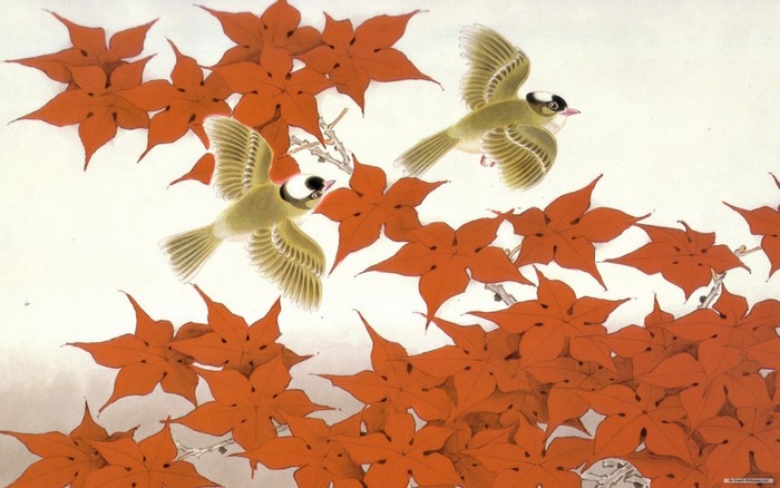 Two birds flying among red maple leaves