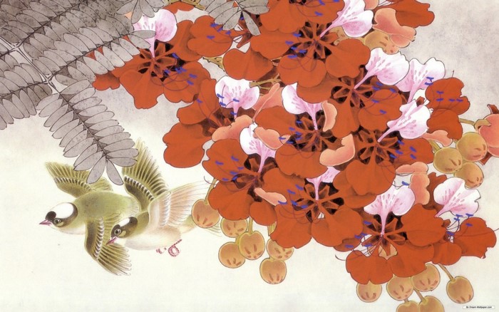 Two birds flying near red and pink flowers