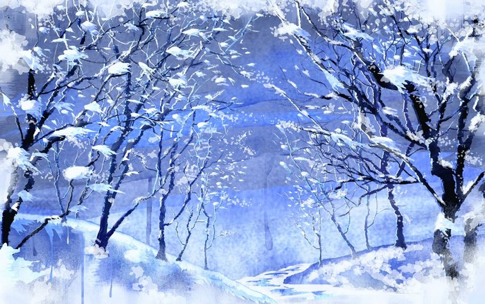 Snowy forest path with bare trees and falling snow