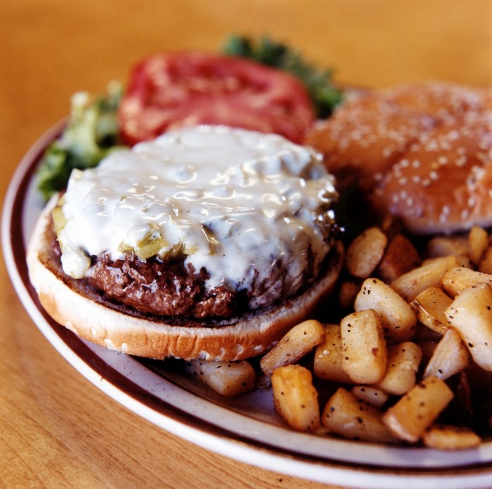 Burger with cheese and fries on a plate