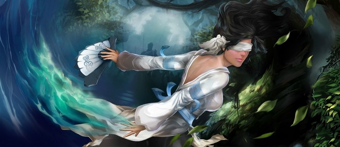 Blindfolded woman with fan in mystical forest