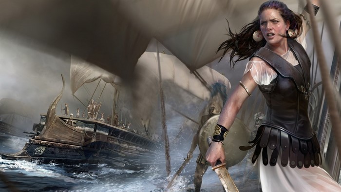 Woman warrior on a ship in a storm