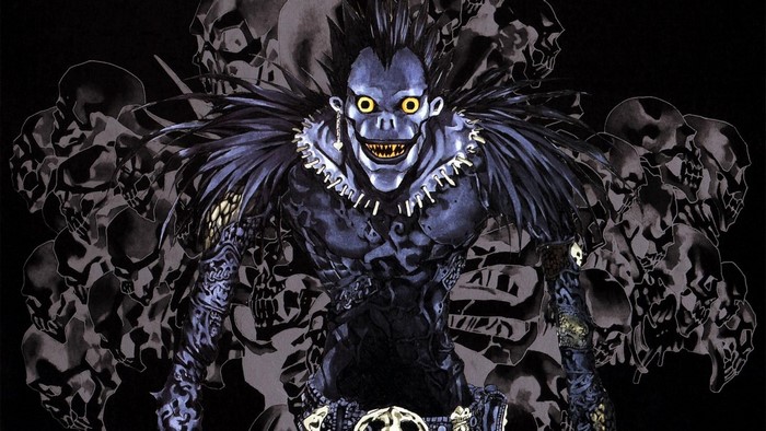 Ryuk from Death Note surrounded by skulls