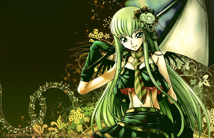 C.C. from Code Geass with green hair and outfit