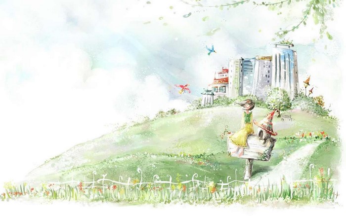 Watercolor painting of a girl on a hill with buildings