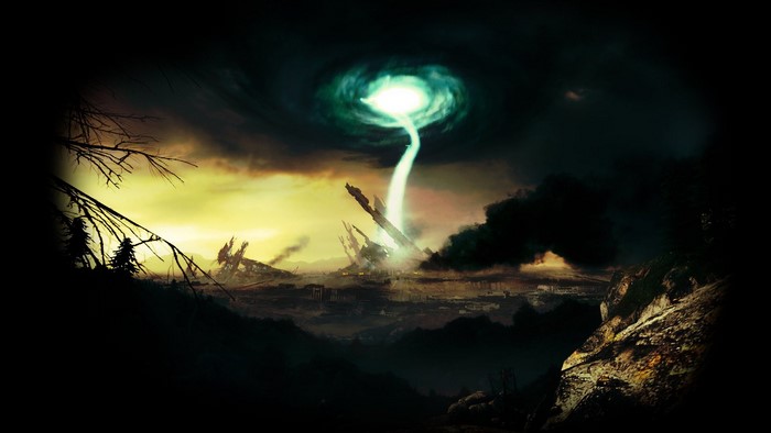 Portal 2 screenshot of a destroyed city with a portal