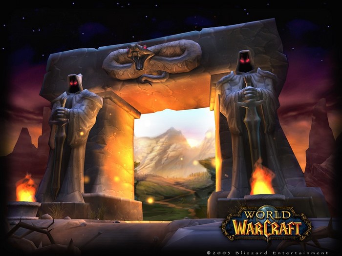 World of Warcraft screenshot with stone archway and statues