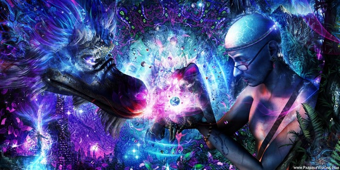 Psychedelic art by Cameron Gray with dragon and man