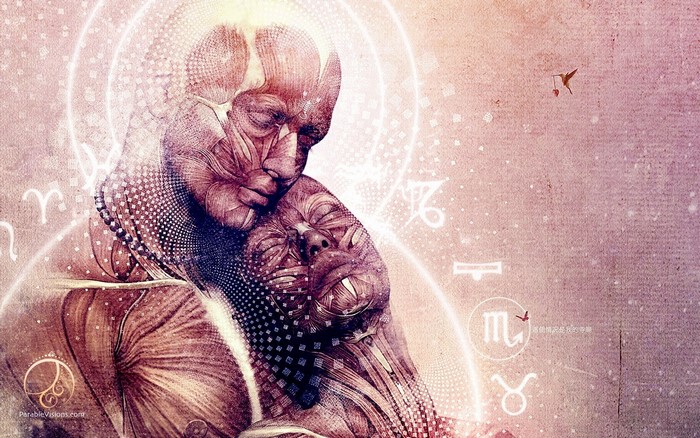 Spiritual portrait of two figures with sacred geometry