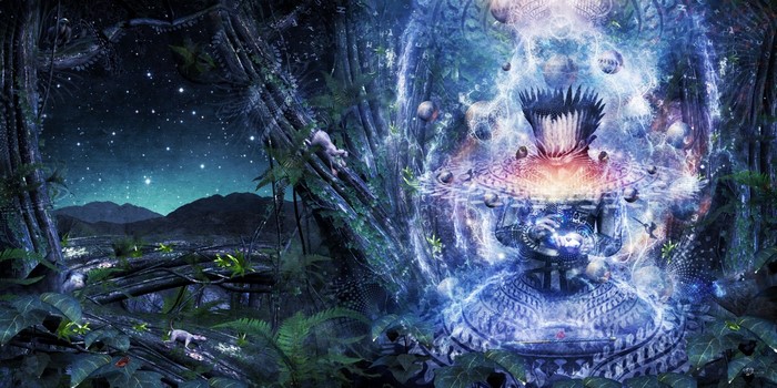Spiritual forest with sacred geometry and celestial sky