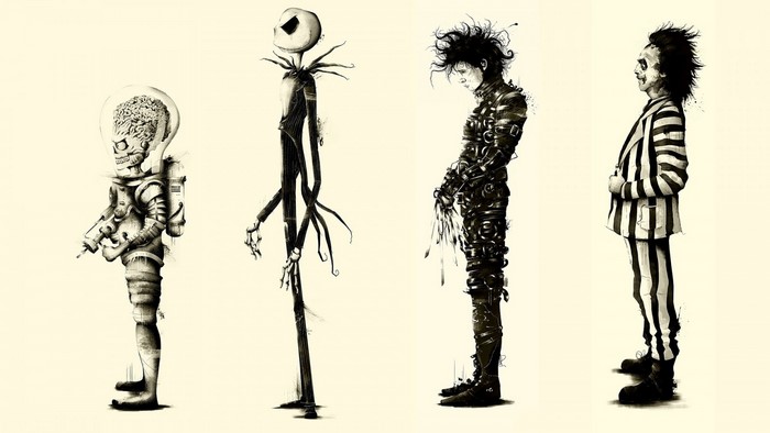 Characters from Tim Burton Movies: Mars Attacks, Jack Skellington, Edward Scissorhands, Beetlejuice