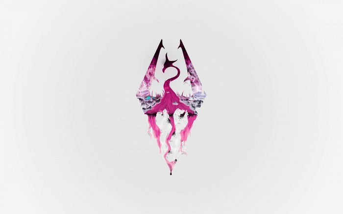 The Elder Scrolls V Skyrim logo with pink dragon illustration