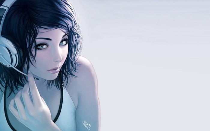 Anime girl with black hair wearing headphones