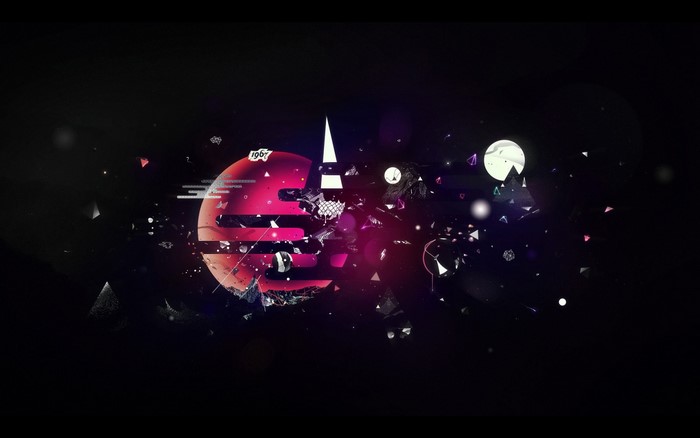 Abstract digital art with geometric shapes and planets