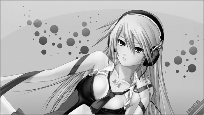 Anime girl with headphones and spider tattoo