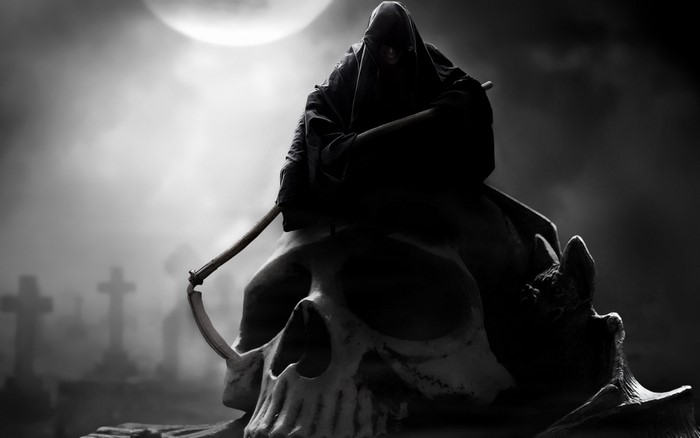 Grim Reaper sitting on a skull in a graveyard