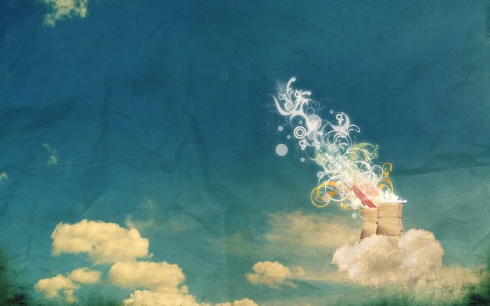 Abstract artwork of a factory emitting colorful smoke into the sky