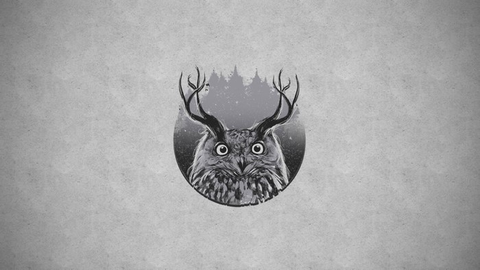 Monochrome illustration of an owl with antlers