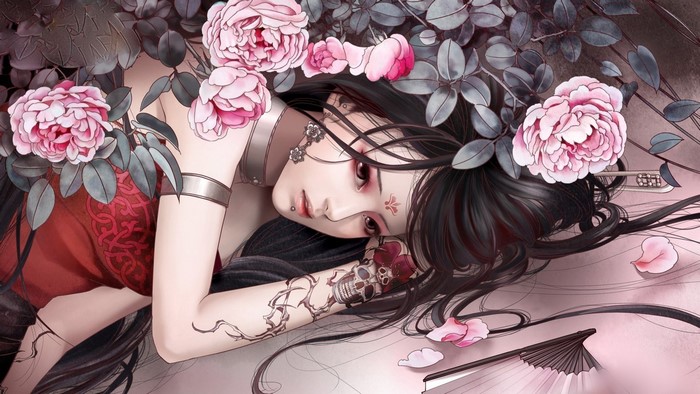 Anime girl with flowers and tattoos