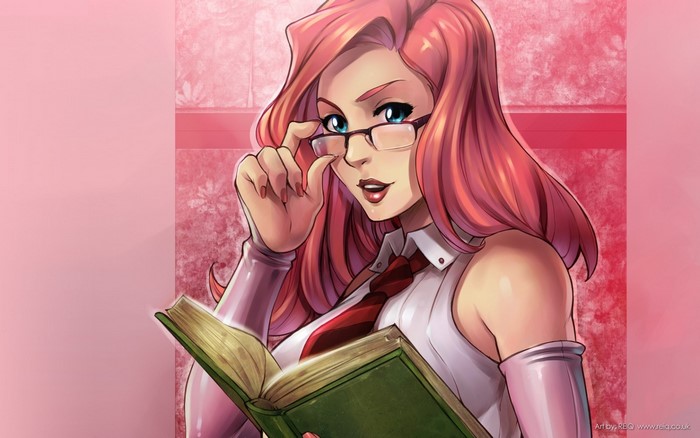 Anime girl with pink hair and glasses reading a book