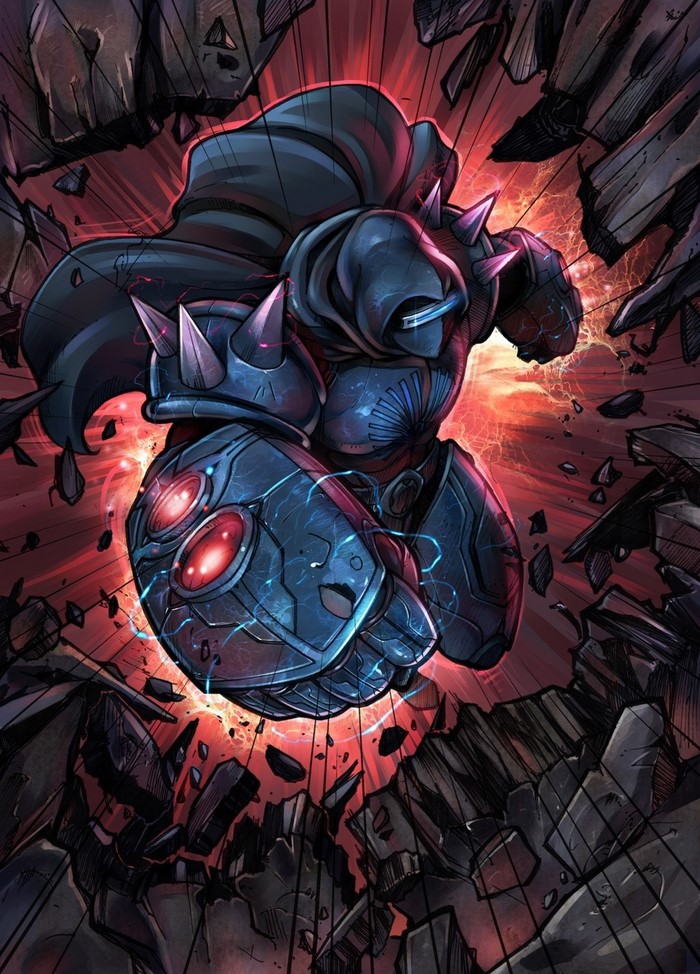 Blitzcrank from League of Legends breaking through rocks