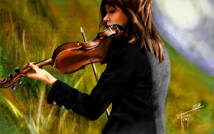 Woman playing violin in a field