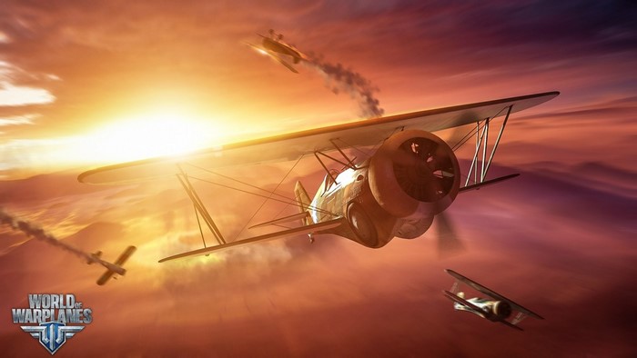World of Warplanes biplanes in flight at sunrise