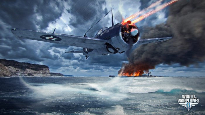 World of Warplanes airplane attacking a burning ship