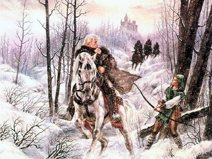Fantasy art of a man on horseback in a snowy forest
