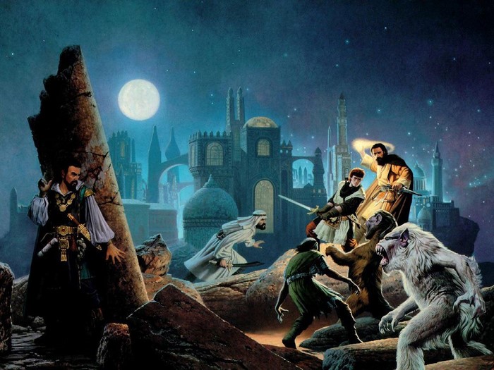 Fantasy battle scene with monsters and warriors at night