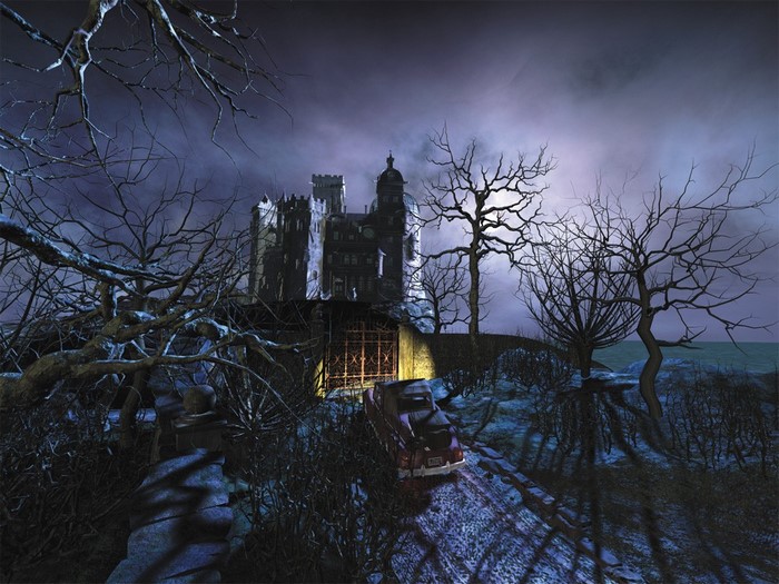 Haunted castle on a hill with a vintage car