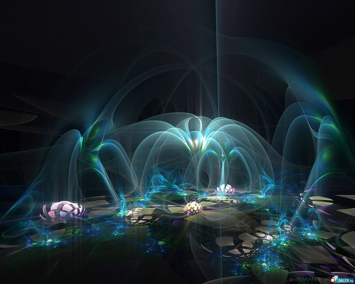 Abstract fractal art with glowing blue and green elements