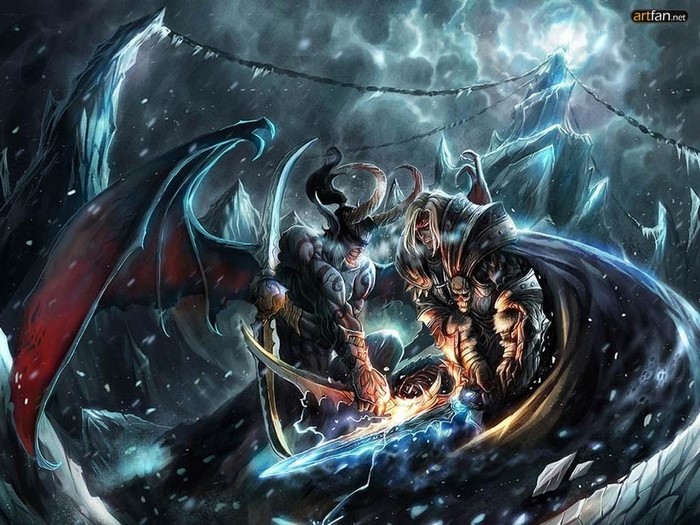 Illidan and Lich King from Warcraft in battle
