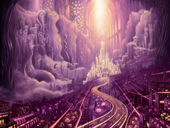 Fantasy cityscape with glowing lights and ornate architecture