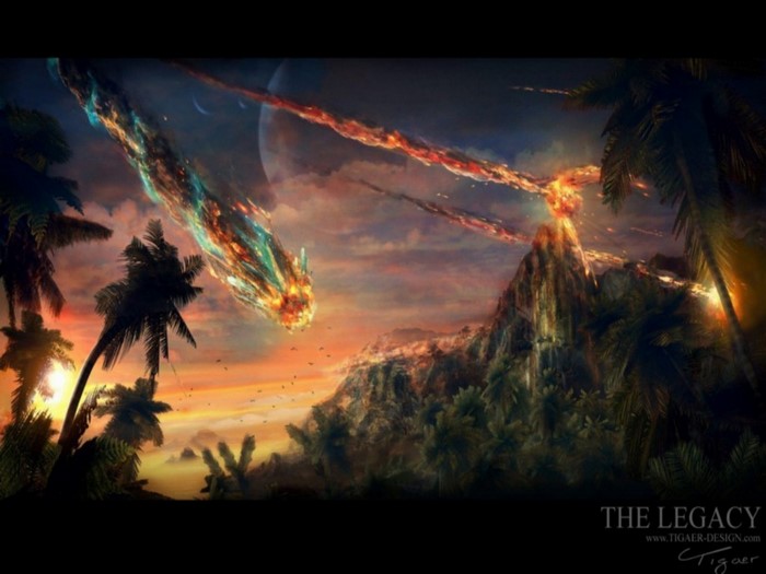 Meteor strike over a volcanic island at sunset