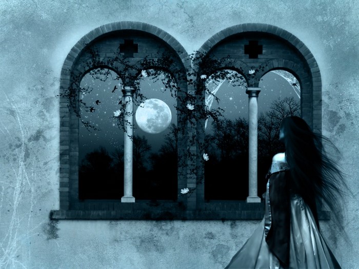 Gothic woman looking out a window at a full moon