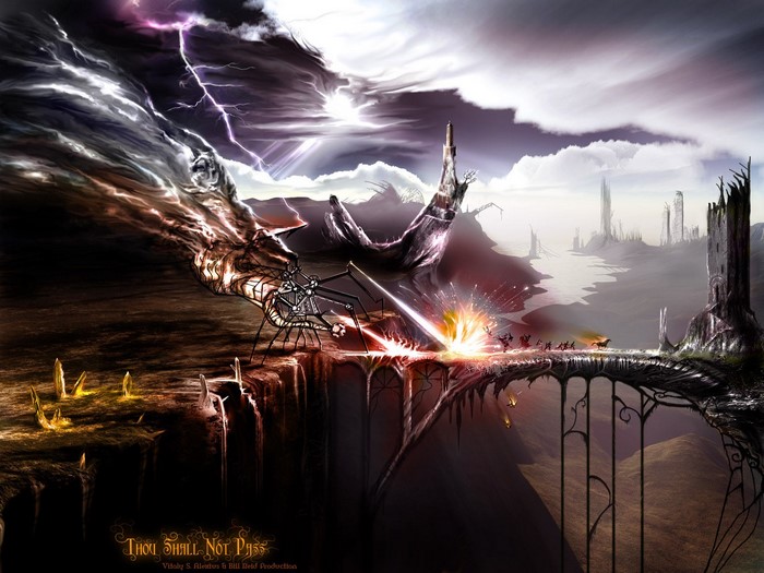 Fantasy landscape with a mechanical spider and a bridge battle