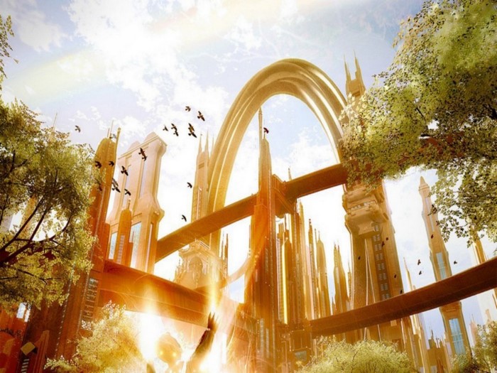 Futuristic city with golden arches and trees