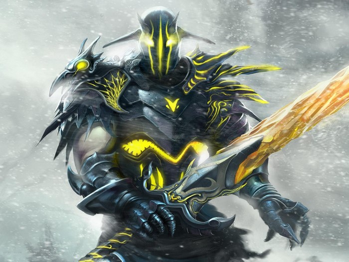 Fantasy warrior in dark armor with glowing yellow accents and a fiery sword