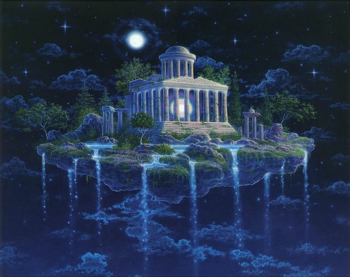 Floating island temple at night with moonlight and waterfalls